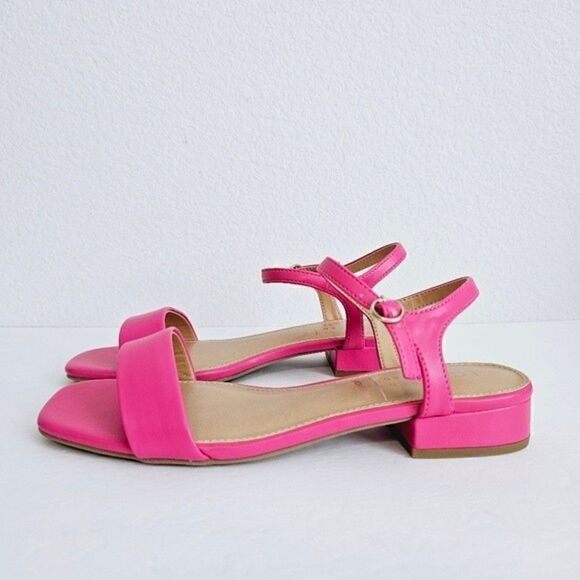 New! Faux Leather Barbie Pink Block Heel Square Toe Sandals - Picture 4 of 8
